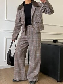 DAZY Women's Brown Plaid Lapel Button Pocket Long Sleeve Cropped Jacket With Matching High Waist Loose Wide Leg Long Pants 2 Pieces Set - Black - View 4