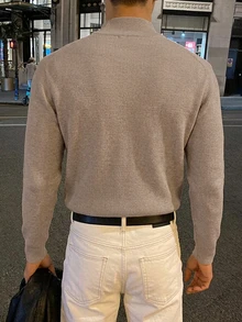 DAZY 春秋卡其色半高領花卉提花男士純色毛衣 - 卡其色 - 查看 2