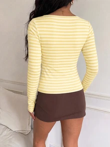 CovetEZ 女款條紋圓領長袖修身休閒T恤 - 黃色 - 查看 2