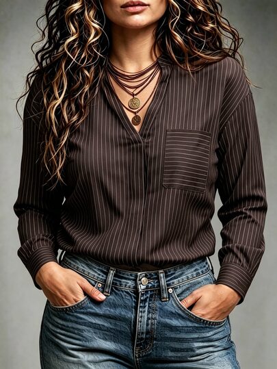 Ceyna Plus Size Women's Elegant Casual Retro Sophisticated Vertical Striped Blouse Stand Collar VNotch Neck Chest Pocket Long Sleeve Loose Brown Fall Top