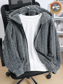 SHEIN 青少年男孩休閒灰色毛絨拉鍊連帽外套，小麥紋理設計，適合秋冬保暖穿著上學 - 灰色 - 查看 1
