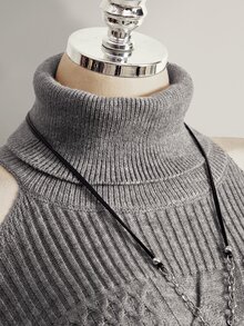 SHEIN ICON Plus Size Women's Cold Shoulder High Neck Long Sleeve Knit Dress - Grey - View 7