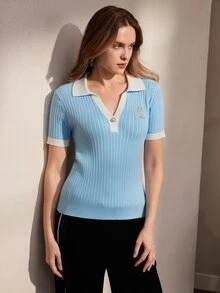 SHEIN Women's Colorblock Polo Collar Short Sleeve Knit Top, Slim Fit Ribbed Lightweight Spring/Summer Knit T-Shirt, Light Blue & White Contrast Embroidered Preppy Style Commuter Slimming Versatile Knit Top - Blue - View 4