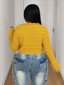 Maweii Sexy,Yellow,Tassel Decoration,Elegant/Fashionable,Party,Long-Sleeved Cardigan,Women's Coat,Autumn/Winter,Christmas, Plus Size Women's Knit Cardigan - Yellow - View 3