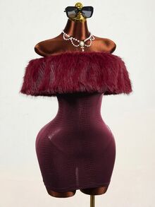 Mistrie Women's Autumn/Winter Sexy Party Solid Burgundy Off-Shoulder Faux Fur Collar Patchwork PU Mini Dress - Burgundy - View 4