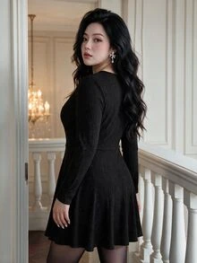 Vibekara Autumn/Winter High-End Cinched Cinched Waist Versatile French Chic Hollow-Out Shiny Thread Butterfly Decor Long Sleeve A-Line Mini Dress Plus Size - Black - View 3