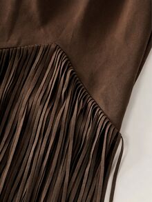 LUMIGAL Gaun V-neck Gaya Barat Vintage Bahan Suede Imitasi dengan Rumbai dan Motif Bordir Imitasi Lengan Panjang Panjang Selutut - Coffee Brown - View 6