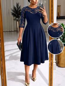 SHEIN Lady CURVE Plus Size Women Lace Patchwork Pleated Casual Party Dress - Navy Blue - View 6