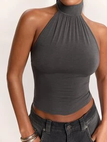 SHEIN BAE 95% Cotton Women's Casual Sexy Backless Tank Top - Dark Grey - View 7