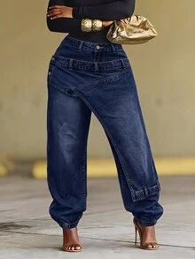 Slaydiva Jeans de diseñador con puños de botones talla grande - Azul - Ver 9