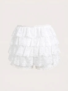 SHEIN ICON 女款純色多層荷葉邊時尚低腰裙褲 - 白色 - 查看 2
