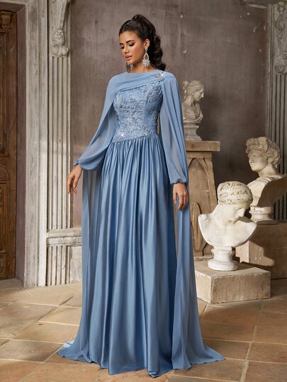 Aureia Elegant Classical Round Neck Long Sleeve 3D Floral Embroidery Lace Patchwork Elastic Silk Satin Bodycon A-Line Long Dress With Detachable Cape, Suitable For Holiday Celebrations, Weddings, Balls, Concerts, Business Banquets, Formal Evening Events, Women's Formal Evening Gown