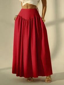 SHEIN Tall 女款素色百褶休閒百搭日常穿著裙 - 紅色 - 查看 3