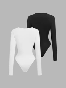 Flirla Casual Minimalist All-Match Commute Thermal Lined Versatile Round Neck Stand Collar 2 Pieces Set Black White Women's Bodysuit Everyday Fall - Multicolor - View 2