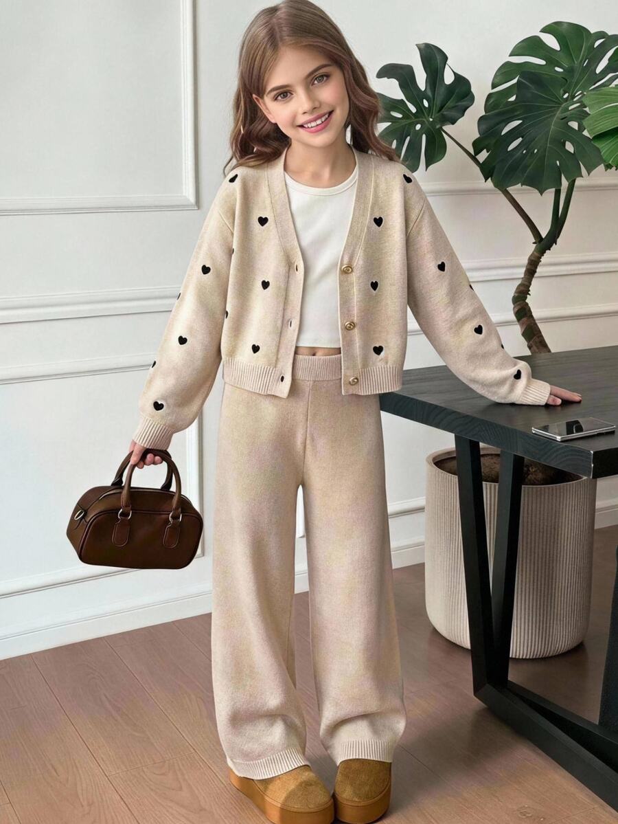 Tween Girl Tween Girls Sweater Co-Ords Autumn/Winter Casual Solid Color Apricot Heart Pattern Hem Cardigan And Knit Pants 2 Pieces Set - Apricot - View 1