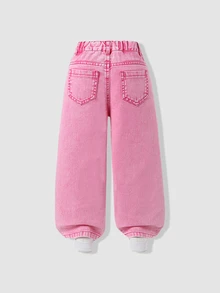 SHEIN Elladie kids 女童粉色寬腿牛仔褲，高腰休閒長褲，幼兒時尚褲裝 - 粉色 - 查看 2