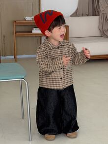 DAZY Baby Boy Collared Long Sleeve Plaid Design Loose Casual Top - Khaki - View 1