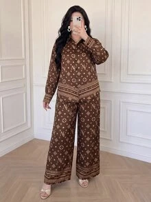 Vibekara Versatile Elegant Brown All-Over Print Long Sleeve Shirt + Straight Leg Wide Leg Pants Loose Fit Slimming Casual 2 Pieces Set - Rust Brown - View 5