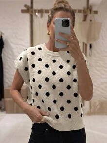 Louniche 女款秋冬新款卡其色波點休閒優雅復古慵懶針織背心上衣，適合休閒日常通勤居家辦公穿著，優雅針織上衣 - 杏色 - 查看 4