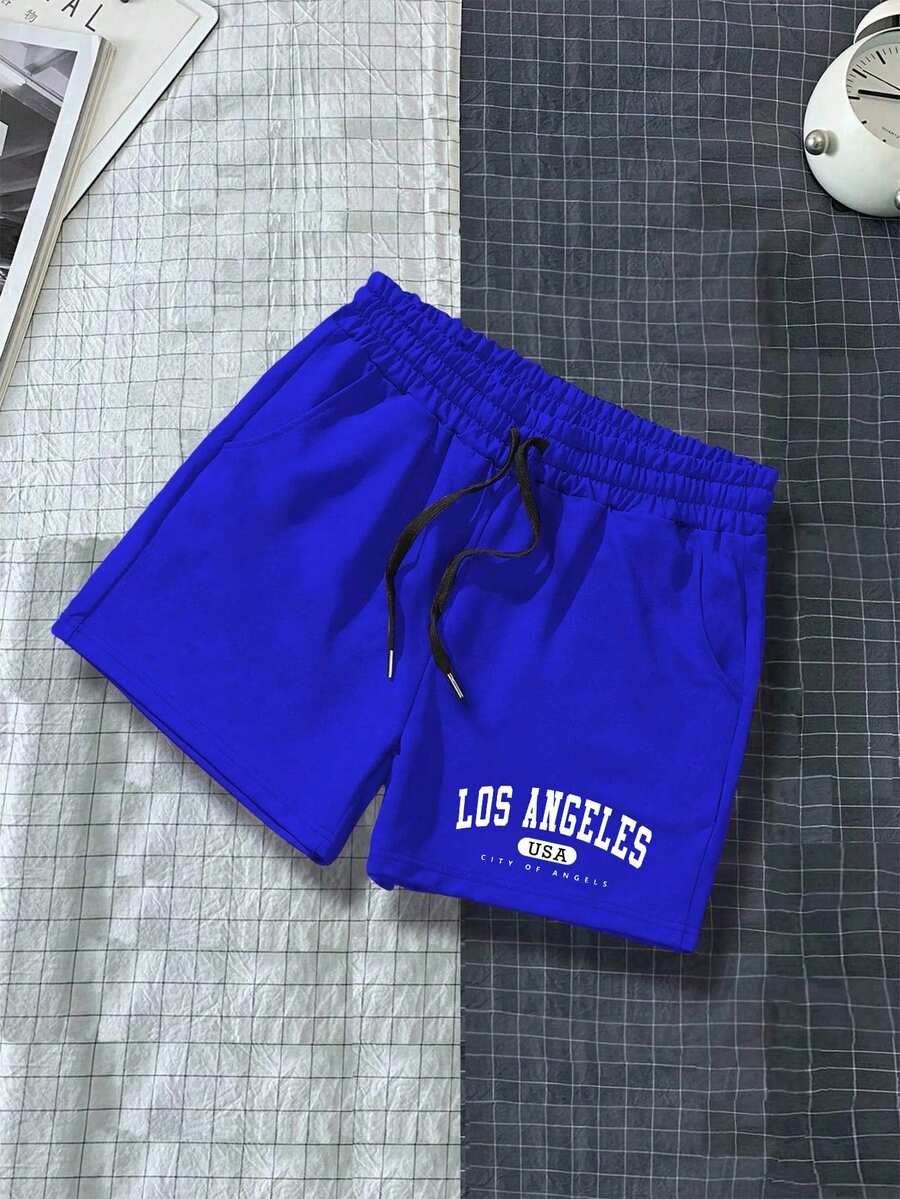 Manfinity Homme Men's Drawstring Waist Letter Print Casual Daily Shorts - Royal Blue - View 1