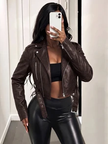 BamGleam Women's Vintage Leather Short Jacket With Large Collar, Zipper And Belt - Chocolate Brown - View 6