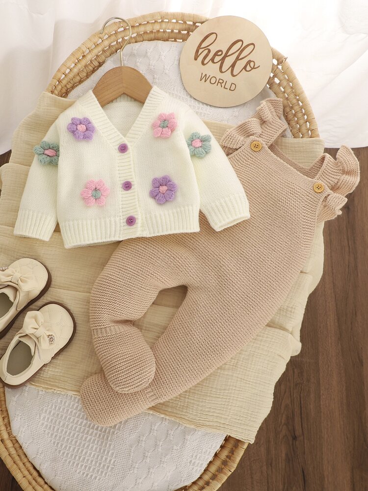 SHEIN Newborn Baby 3D Floral Decor Long Sleeve Top And Knit Long Pants Set - Camel - View 3