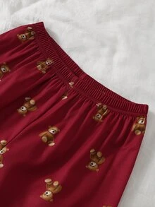 SHEIN 女童杏色羅紋熊圖案長袖上衣與休閒熊圖案長褲家居服套裝 - 酒紅色 - 查看 6