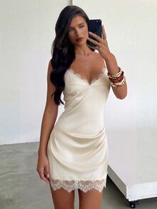 Aloruh Women's Lace Patchwork Casual Daily Summer Spaghetti Strap Mini Dress - Apricot - View 5