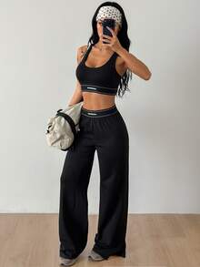 Coolane Women's 2 Pieces Activewear Set, Knit Racerback Sports Bra Crop Top & Long Wide Leg Pants, High Waist Workout Lounge Outfit, Yoga Gym Set - Black - View 6