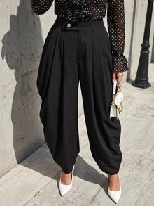 Editum Women's Solid Color Curved Leg Tapered Casual Long Pants - Apricot - View 7