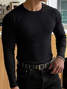 DAZY Spring/Autumn Black Slim Fit Raglan Sleeve Crew Neck Ribbed Elastic Knit Fabric Streetwear Men's T-Shirt - Black - View 1