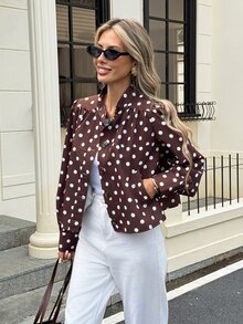 SHEIN Frenchy Jaket Wanita Lengan Panjang Berkerah Kancing Motif Polkadot Cokelat, Cocok untuk Dipakai di Musim Gugur, Mantel Musim Dingin Wanita, Atasan Motif Polkadot - Coklat - View 4
