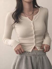 DAZY Women's Fitted Short Long Sleeve Ribbed T-Shirt - White - View 2