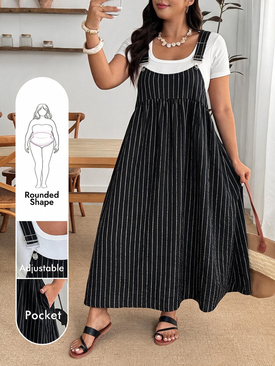 Enliva Plus Size Autumn Striped Loose Fit Pinafore Dress For Office Casual Formal Apple - Black - View 1