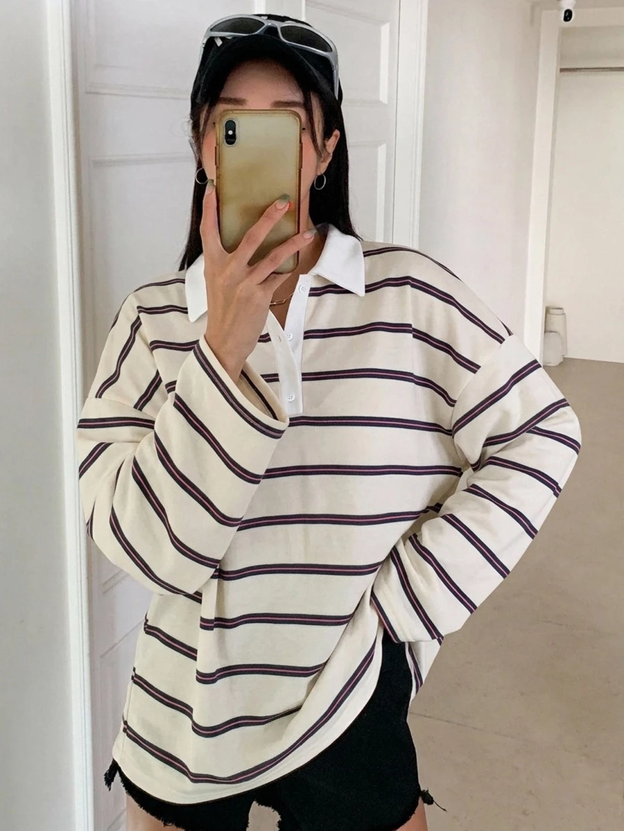 DAZY 女款條紋休閒長袖T恤,適合日常穿著 - 紅色 - 查看 1