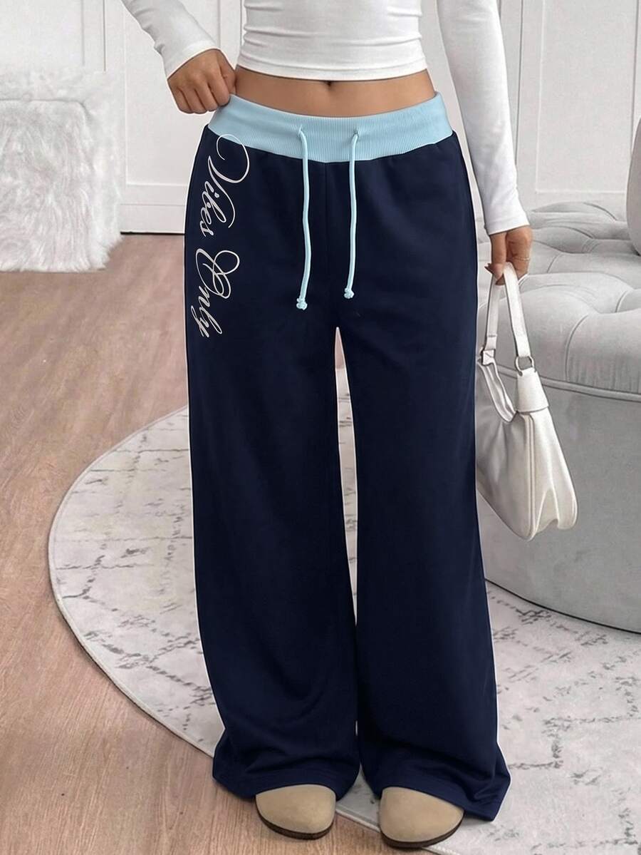 SHEIN Teen Girl Patchwork Waist Drawstring Contrast Color Sweatpants Navy Summer Baggy - Blue - View 1