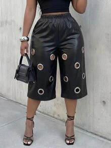 SHEIN CURVE+ US22 Plus Size Women's Street Hip-Hop Style Perforated PU Material Fashion Capri Pants, Autumn/Winter - Black - View 4