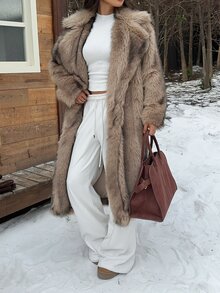 SHEIN EZwear 女款人造毛領時尚休閒長版大衣，秋冬款 - 摩卡棕 - 查看 3