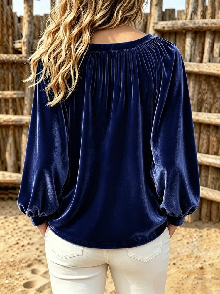 SHEIN LUNE CURVE Plus Size Elegant Commuter Solid Color Long Sleeve Blouse - Navy Blue - View 2