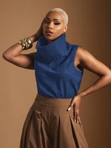 Vixey Funnel Neck Relaxed Fit Denim Top - Medium Wash - View 3