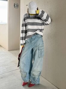 FRIFUL 女款藍白條紋圓領落肩長袖休閒街頭風T恤，適合校園秋季穿搭 - 黃色 - 查看 2