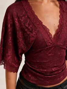 SHEIN BAE Elegantes, sexy Damen-Top mit tiefem V-Ausschnitt, Spitzen-Patchwork, Blumenmuster und transparentem Design, geeignet für Lässig, Ausgehen, Boho-Stil, Spitzen-Top, beiges Top, Sommer-Top - Bordeaux - Übersicht 8