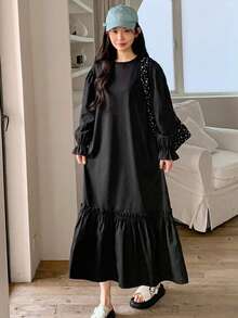 DAZY Women's Solid Color Round Neck Long Sleeve Ruffle Hem Casual Loose Fit Dress - Black - View 3