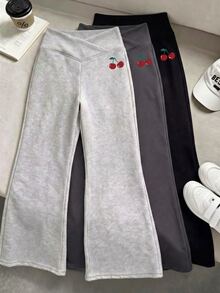 Tween女孩棉編織長褲，秋冬款。盲盒：3件1組。高腰、寬腰、修身、直筒、寬腿設計。簡約、舒適、百搭、街頭風、耐穿。 - 黑色 - 查看 1
