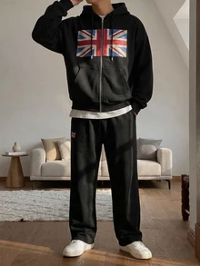 DAZY Autumn/Winter Thermal-Lined Black Flag Pattern Letter Print Men's Hoodie Sweatshirt Set With Elastic Waist Straight Leg Sweatpants - Black - View 1