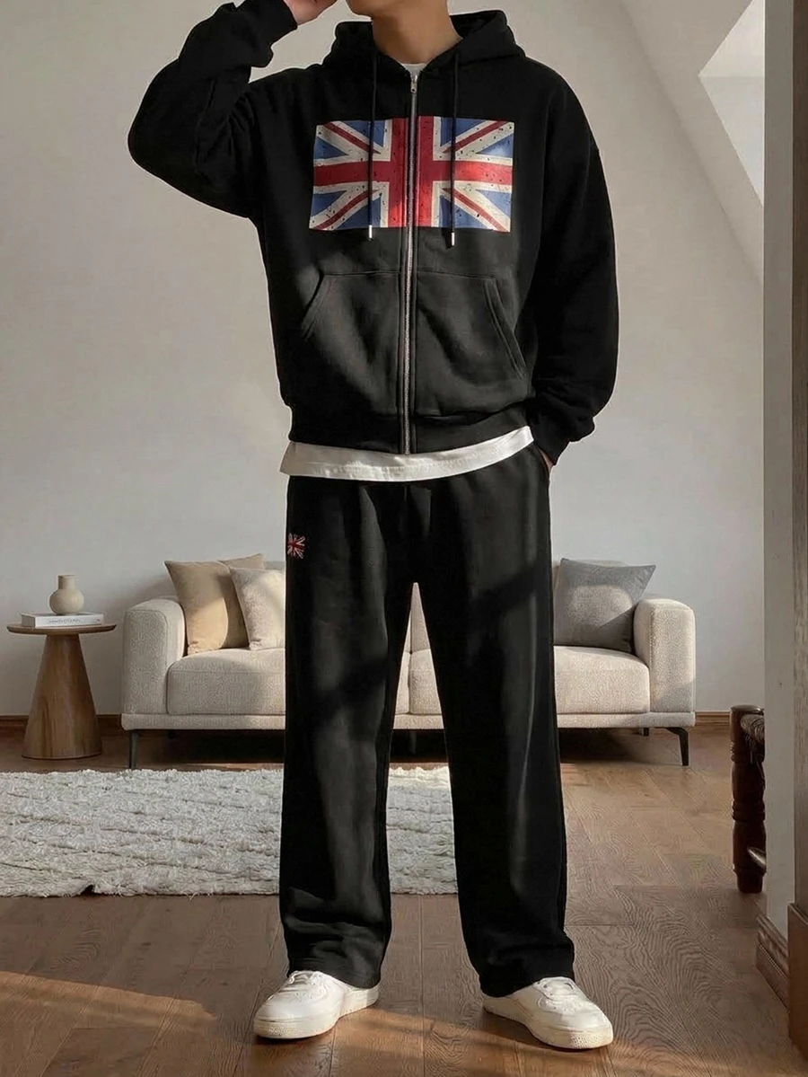 DAZY Autumn/Winter Thermal-Lined Black Flag Pattern Letter Print Men's Hoodie Sweatshirt Set With Elastic Waist Straight Leg Sweatpants - Black - View 1