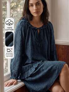 DAZY Women's Solid Color Pleated Casual Daily Home Sleep Dress - Navy Blue - View 1