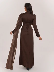 SHEIN Tall Elegant Long Brown Dress With Flowing Ribbons For Tall Muslim Women – Perfect For Parties. - Coffee Brown - View 2