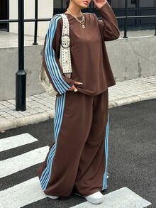 SHEIN CURVE+ Plus Size Women's Striped Crew Neck Short Sleeve T-Shirt And Pants Casual 2 Pieces Set - Brown - View 4