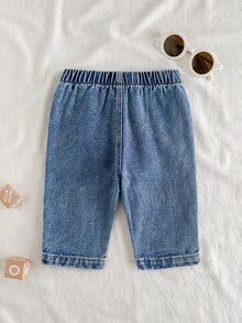 1件幼兒男童女童牛仔長褲，可愛甜美藍色彈性腰頭、鈕扣口袋、直筒褲腿，適合度假、夏季假期，獨角獸水豚圖案 - 藏蓝色 - 查看 2